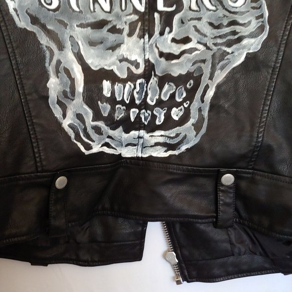 Levi's faux leather bomber jacket painted Saints & Sinners graphic on back.  Med - Picture 12 of 16